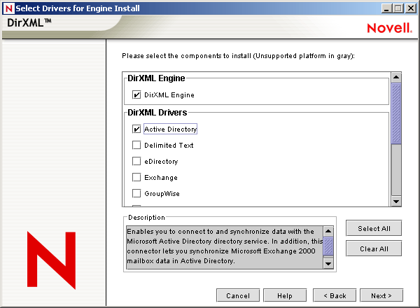 Novell Nsure Identity Managerインストールウィザードの［Select Drivers for Engine Install(エンジンのインストール用ドライバの選択)］ページ。