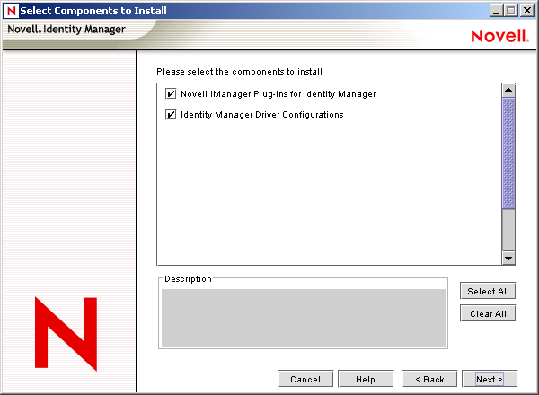 Novell Nsure Identity Managerインストールウィザードの［Select Components to Install(インストールするコンポーネントの選択)］ページ。