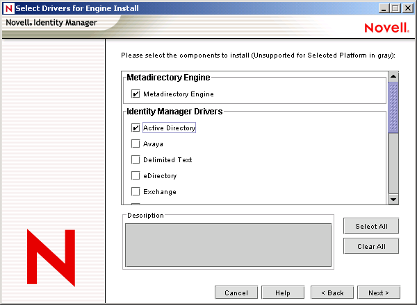 Novell Nsure Identity Managerインストールウィザードの［Select Drivers for Engine Install(エンジンのインストール用ドライバの選択)］ページ。