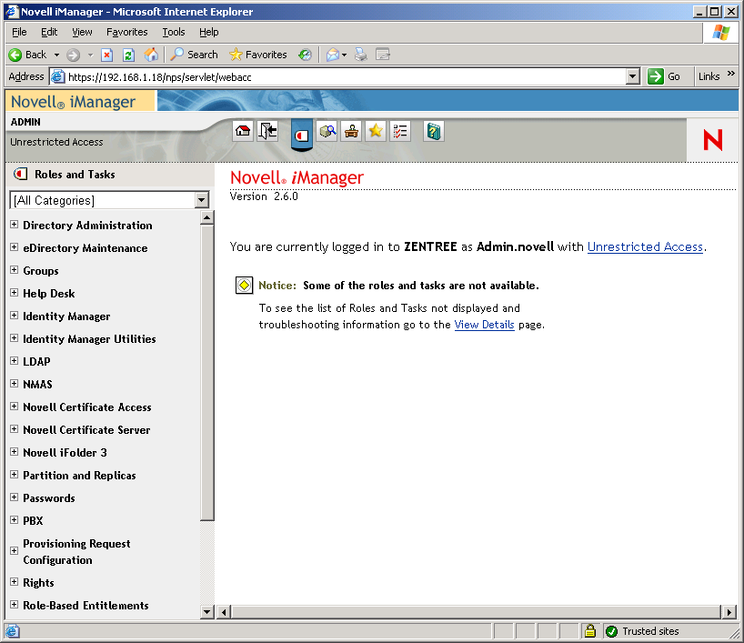 ［役割およびタスク］ペインが開いた状態のNovell iManagerメインページ。