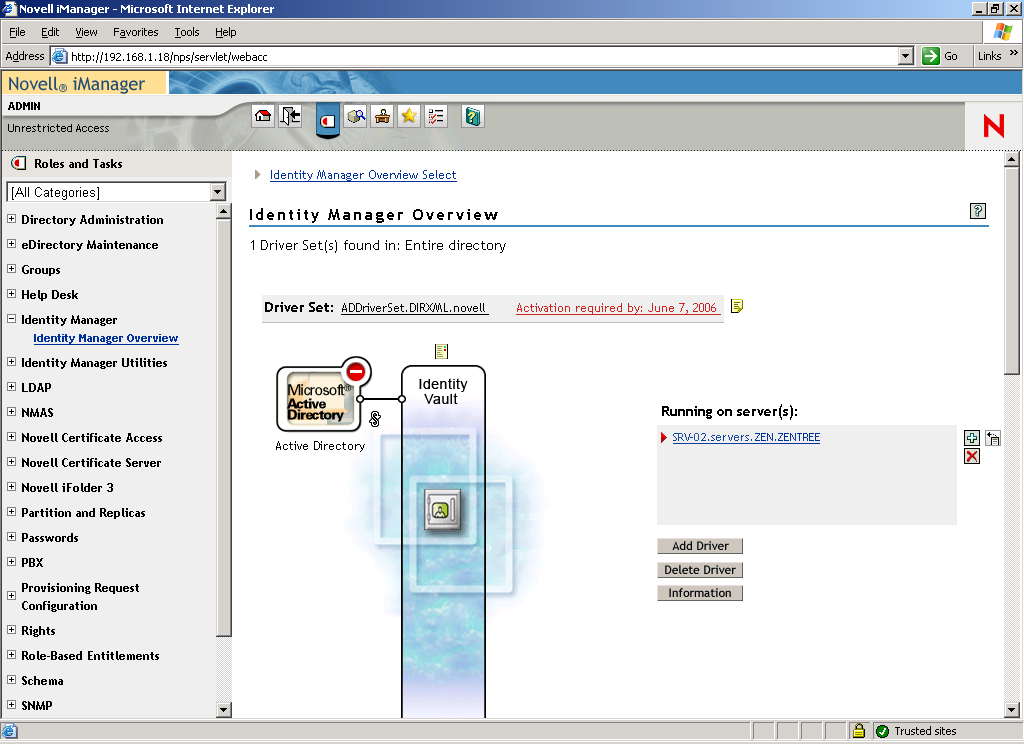 Novell iManagerのDirXML Overviewユーティリティの［Active Directory - eDirectory configuration］ページ。