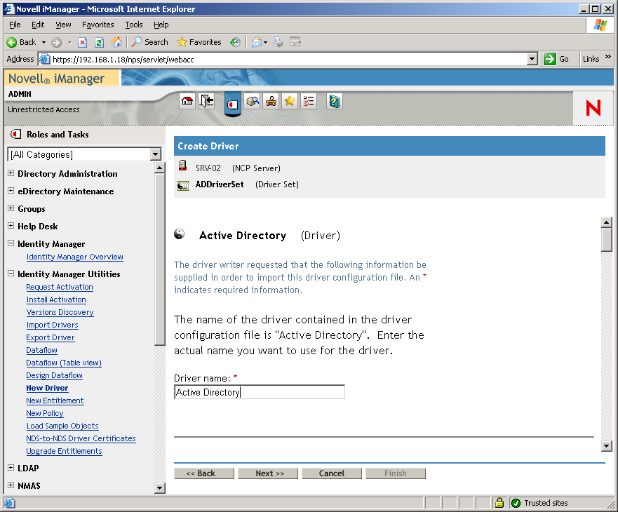 Create Driver Wizardが開いた状態のNovell iManagerメインページ。［Active Directory Driver Set］ページが表示されています。