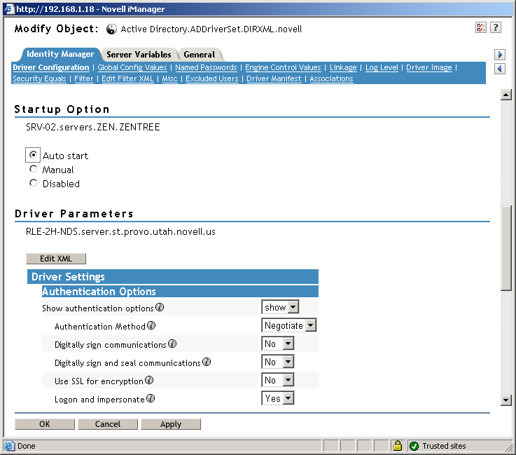 Novell iManagerのDirXML Overviewユーティリティの［オブジェクトの変更］ウィンドウ。