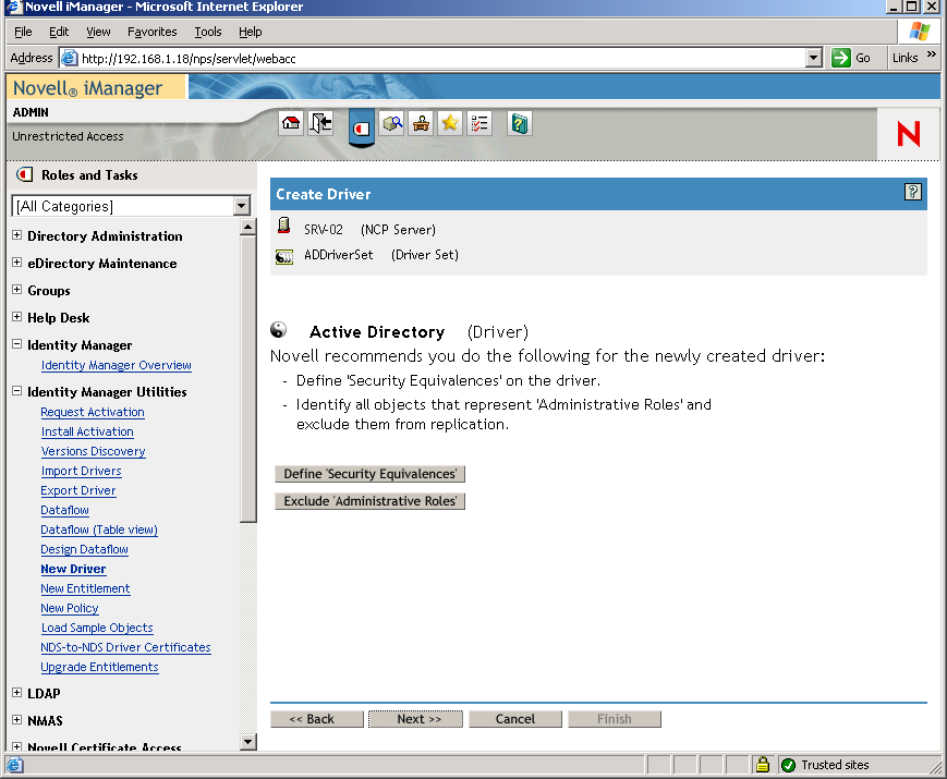 Create Driver Wizardが開いた状態のNovell iManagerメインページ。［Security Equivalences］ページが表示されています。