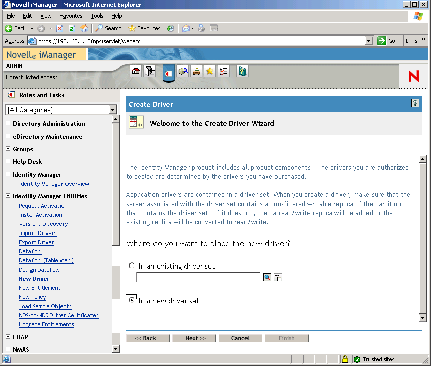 Create Driver Wizardが開いた状態のNovell iManagerメインページ。