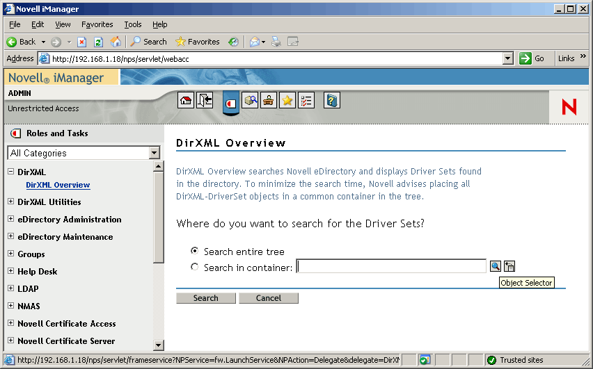 Novell iManagerのDirXML Overviewユーティリティ。