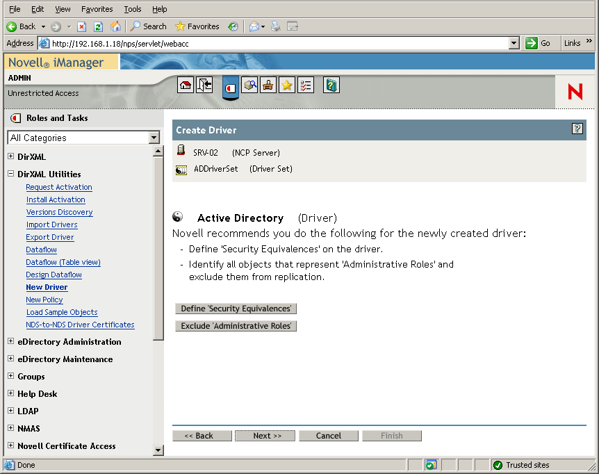 Create Driver Wizardが開いた状態のNovell iManagerメインページ。［Security Equivalences］ページが表示されています。