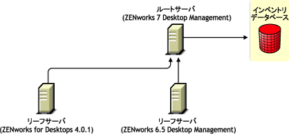 アップグレード後にZENworks 7 Desktop Managementルートサーバにインベントリ情報をロールアップするZENworks for Desktops 4.0.1リーフサーバとZENworks 6.5 Desktop Managementリーフサーバ。