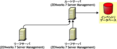 ZENworks 7 Server Managementリーフサーバは、ZENworks 7 Server Managementルートサーバにロールアップします。