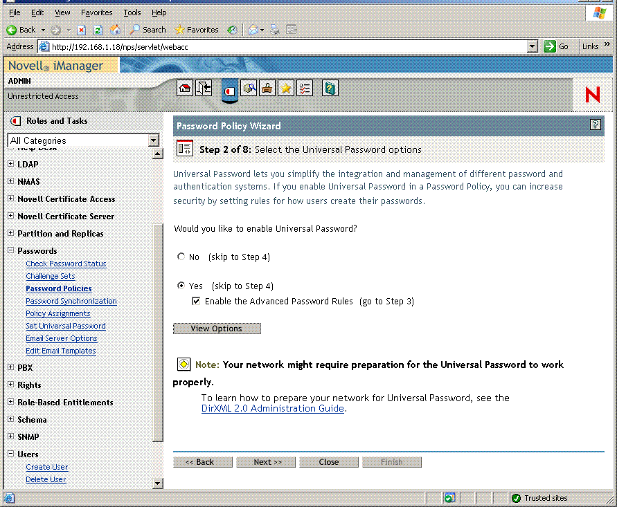 Novell iManagerのパスワードポリシーウィザードの手順2のページ。