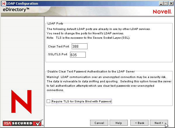 eDirectoryインストールプログラムの［LDAP Configuration(LDAP構成)］ページ。