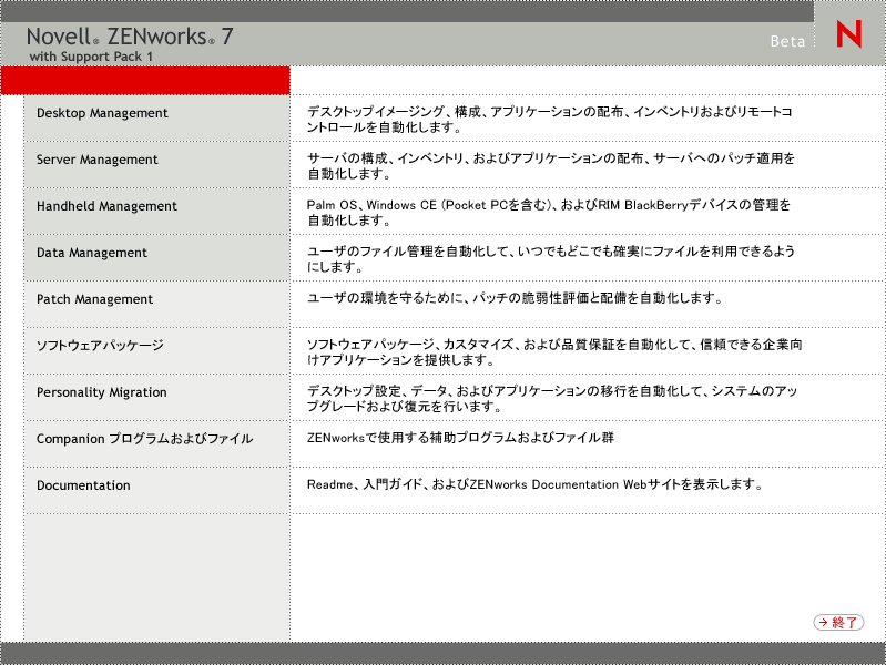 一般的なインストールオプションが表示される、ZENworksインストールプログラムの最初のページ。