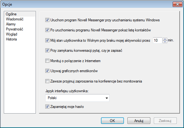 Okno dialogowe Opcje programu Messenger