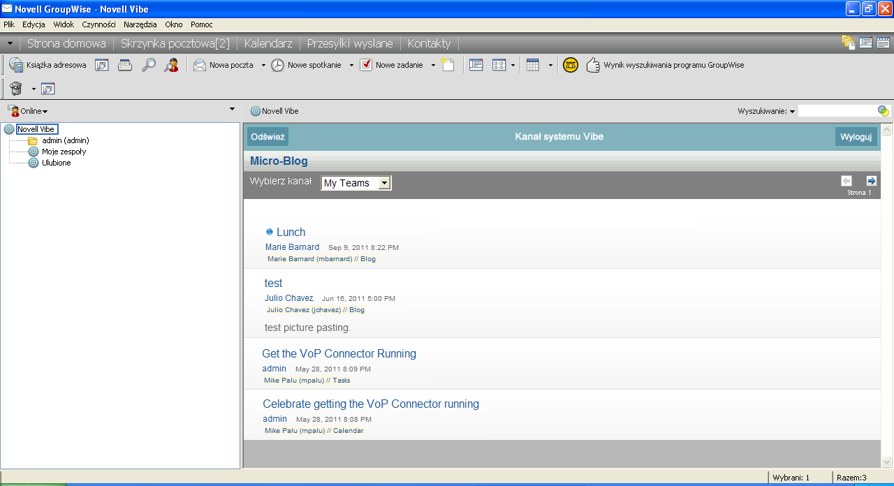Wyświetlanie kanału programu Vibe w programie GroupWise