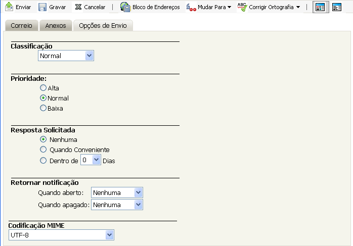 Opções de envio da tela de correio