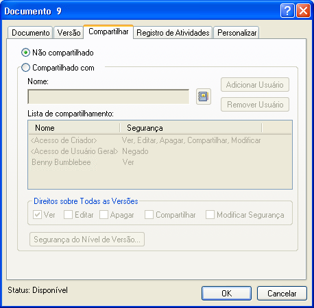Caixa de diálogo Propriedades do Documento com a guia Compartilhar aberta
