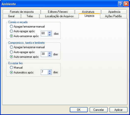 Caixa de diálogo Ambiente com a guia Limpeza aberta