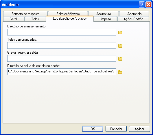 Caixa de diálogo Ambiente com a guia Localização de Arquivos aberta