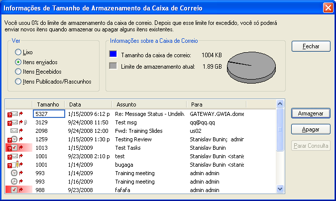 Caixa de diálogo Informações de Tamanho de Armazenamento da Caixa de Correio