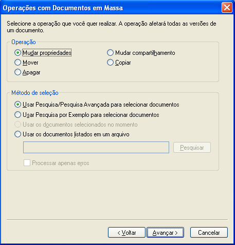 Caixa de diálogo Operações de Documentos em Massa
