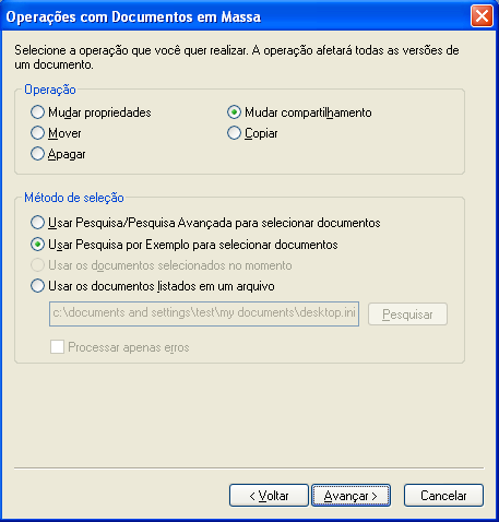 Caixa de diálogo Operações de Documentos em Massa