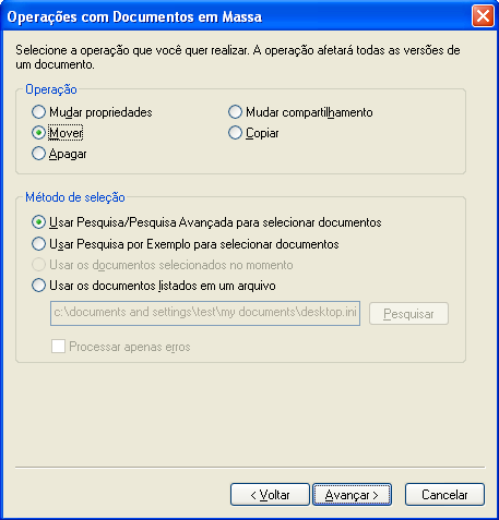 Caixa de diálogo Operações de Documentos em Massa