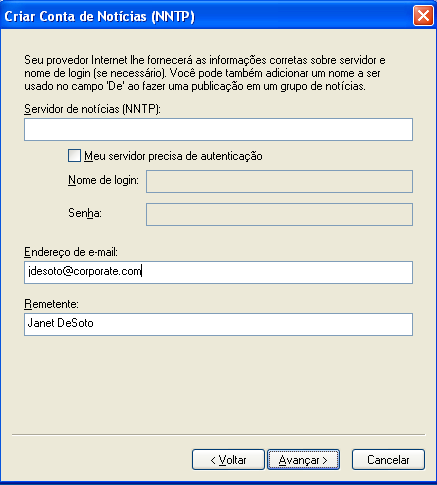 caixa de diálogo Criar Conta de Notícias (NNTP)