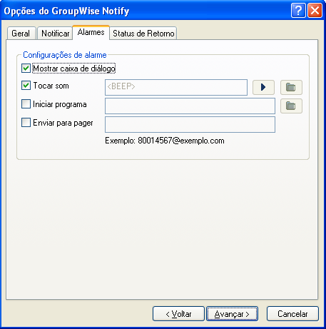 Caixa de diálogo Opções de Notificação com a guia Alarmes aberta