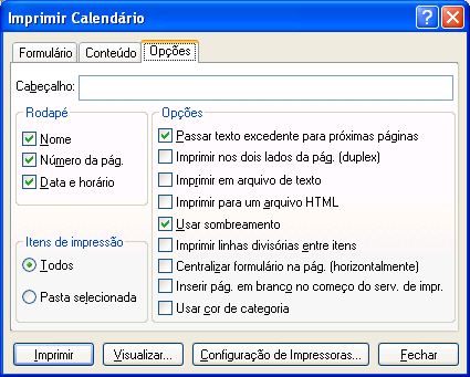 Caixa de diálogo Imprimir Calendário com a guia Opções aberta