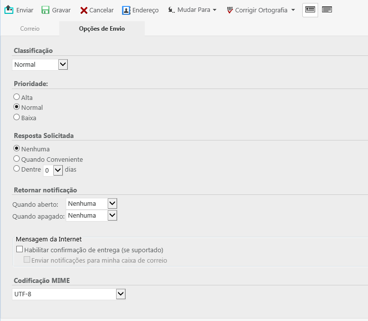 caixa de diálogo Opções de Envio