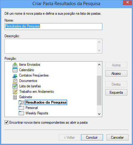 Caixa de diálogo Criar Pasta Resultados da Pesquisa