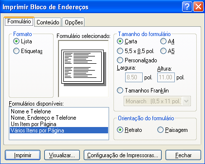 Caixa de diálogo Imprimir Bloco de Endereços