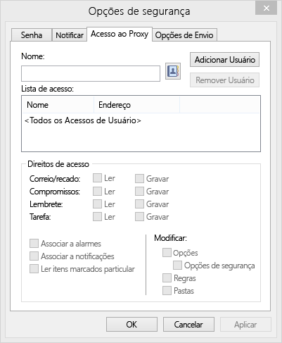 Caixa de diálogo Opções de Segurança com a guia Acesso ao Proxy aberta