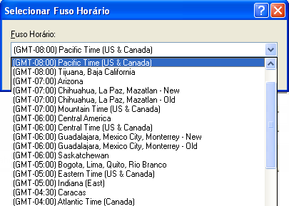Caixa de diálogo Selecionar Fuso Horário