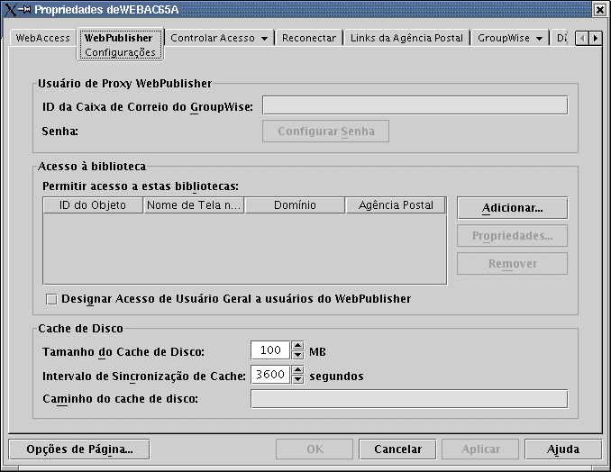 Pgina de propriedades do WebPublisher