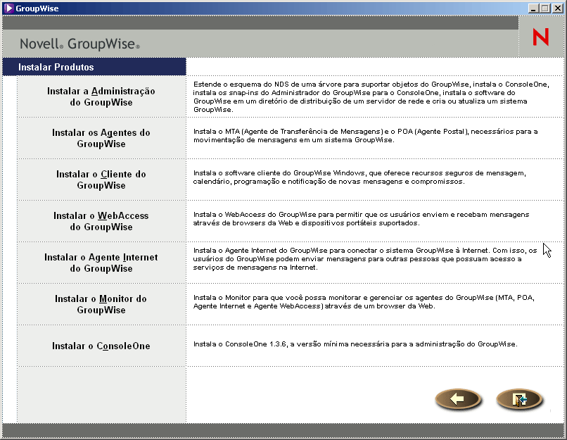 Janela principal da instalação do GroupWise