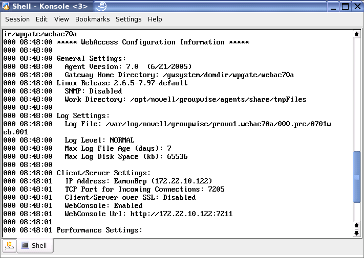 Janela de terminal do WebAccess