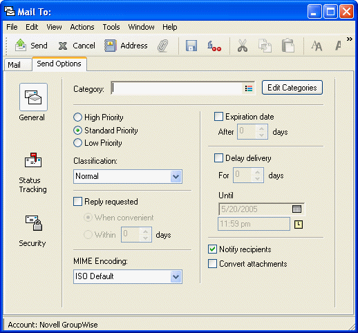 Opções de envio da tela de correio