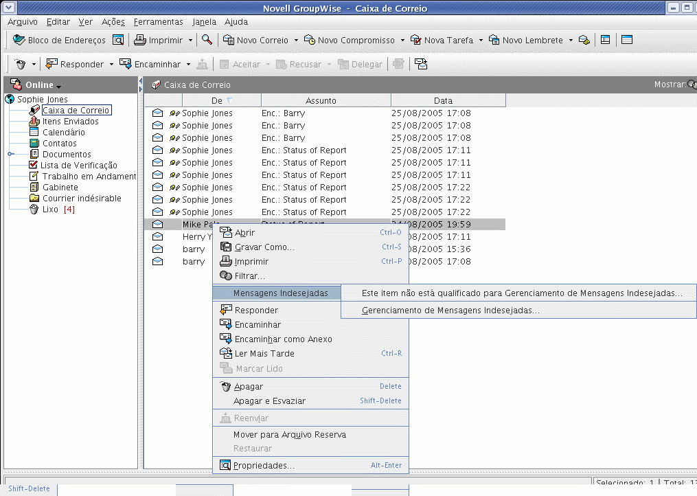 Menu com opções de Mensagens Indesejadas