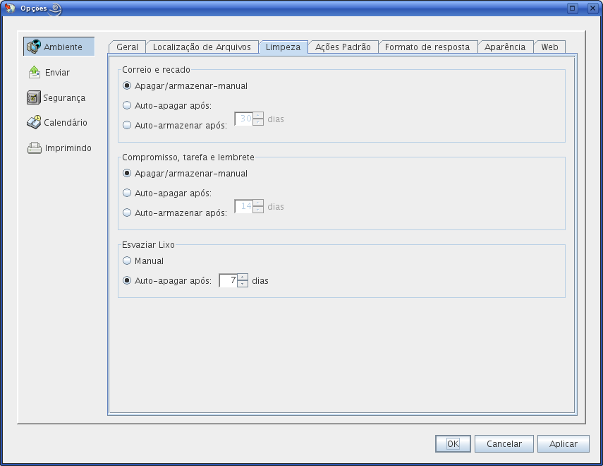 Caixa de diálogo Ambiente com a guia Limpeza aberta