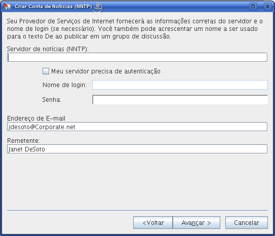 caixa de diálogo Criar Conta de Notícias (NNTP)
