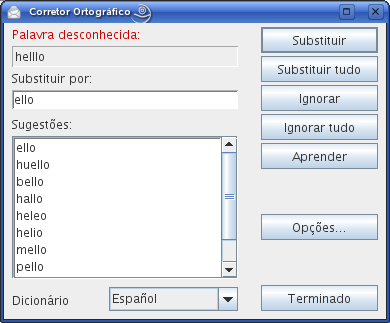 caixa de diálogo Corretor Ortográfico