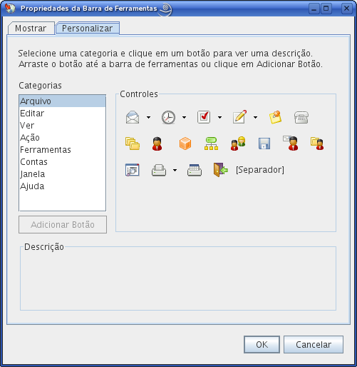 Caixa de diálogo Personalizar Propriedades da Barra de Ferramentas