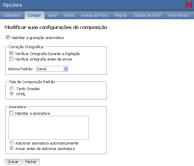 tela Opções de Composição