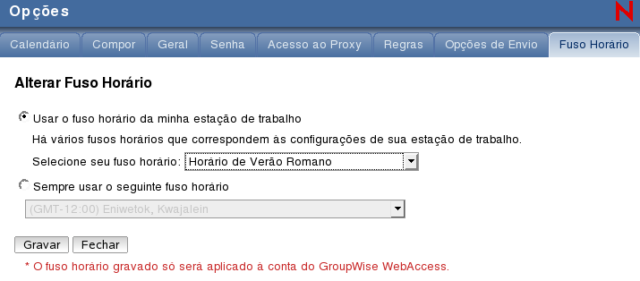 Tela Opções com Fuso Horário selecionado