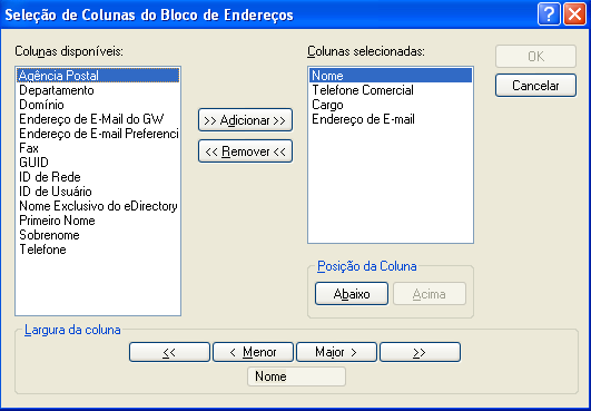 Caixa de diálogo Seleção de Colunas do Bloco de Endereços