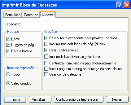 Caixa de diálogo Imprimir Bloco de Endereços com a guia Opções aberta