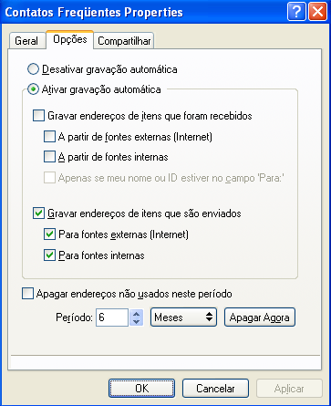 Caixa de diálogo Propriedades de Contatos Freqüentes com a guia Opções aberta