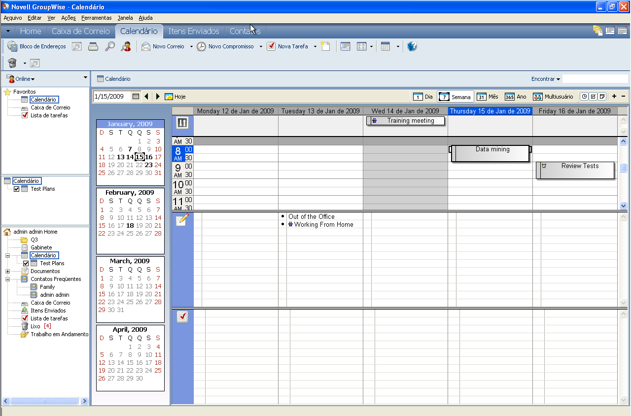 Tela de calendário mostrando a tela Semana