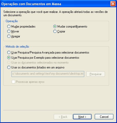 Caixa de diálogo Operações de Documentos em Massa